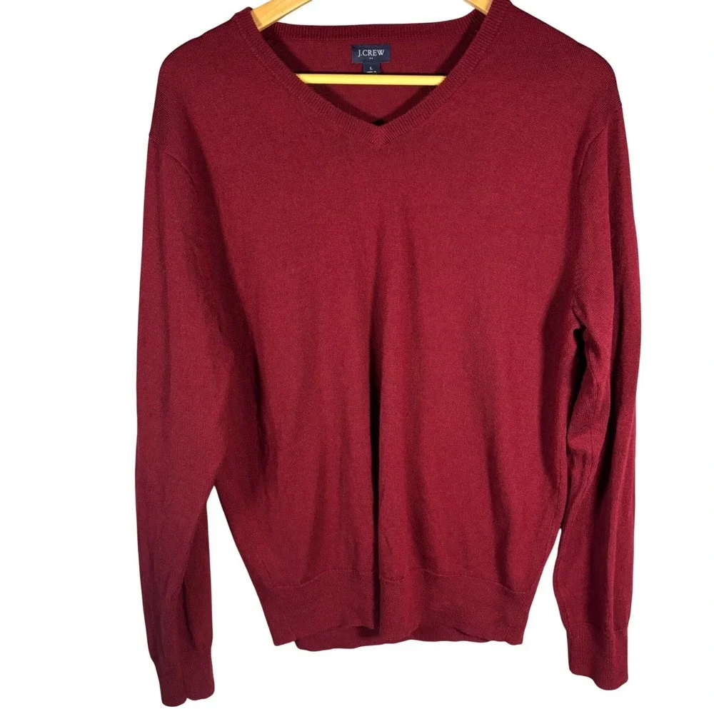 J Crew Mens Burgundy‎ V Neck Long Sleeve Sweater L Acrylic Merino Wool Blend
